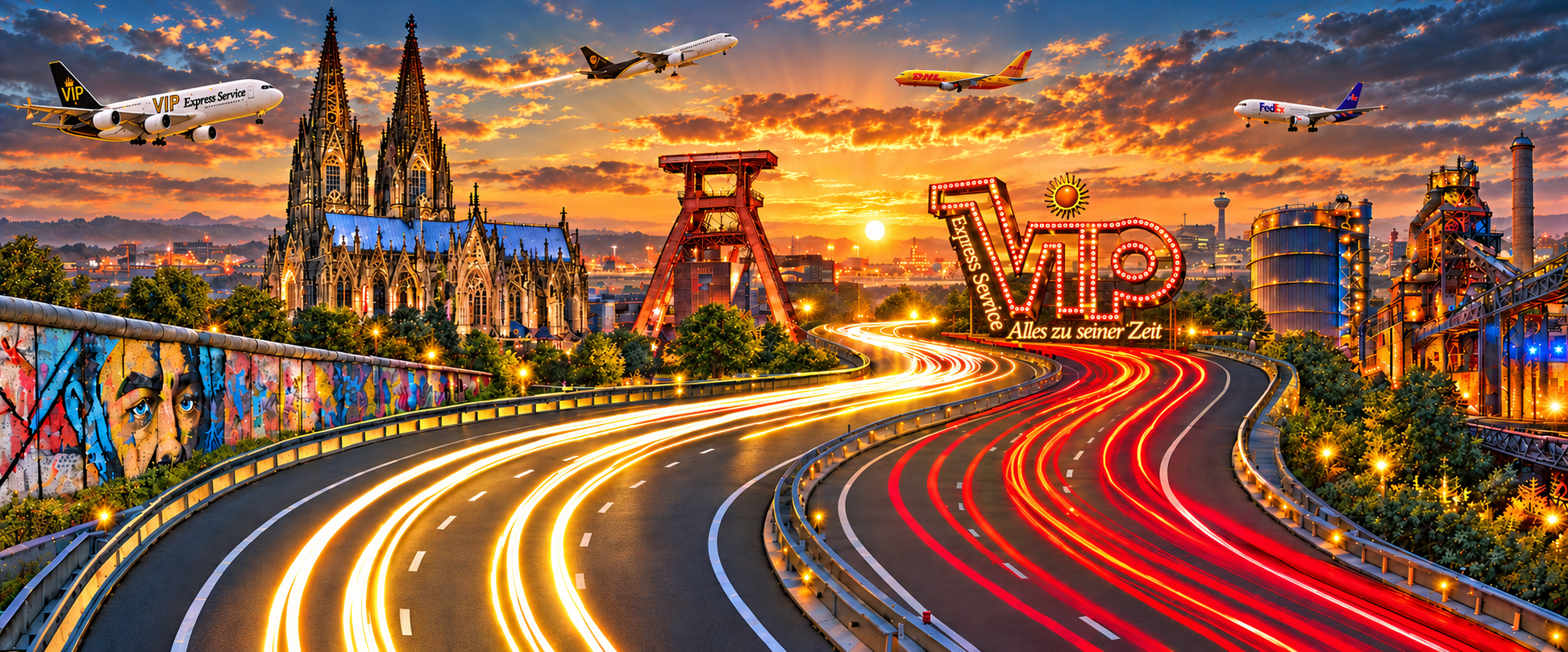 Leuchtende Autobahn und VIP-Leuchtreklame mit Kölner Dom und Flugzeugen im Sonnenuntergang